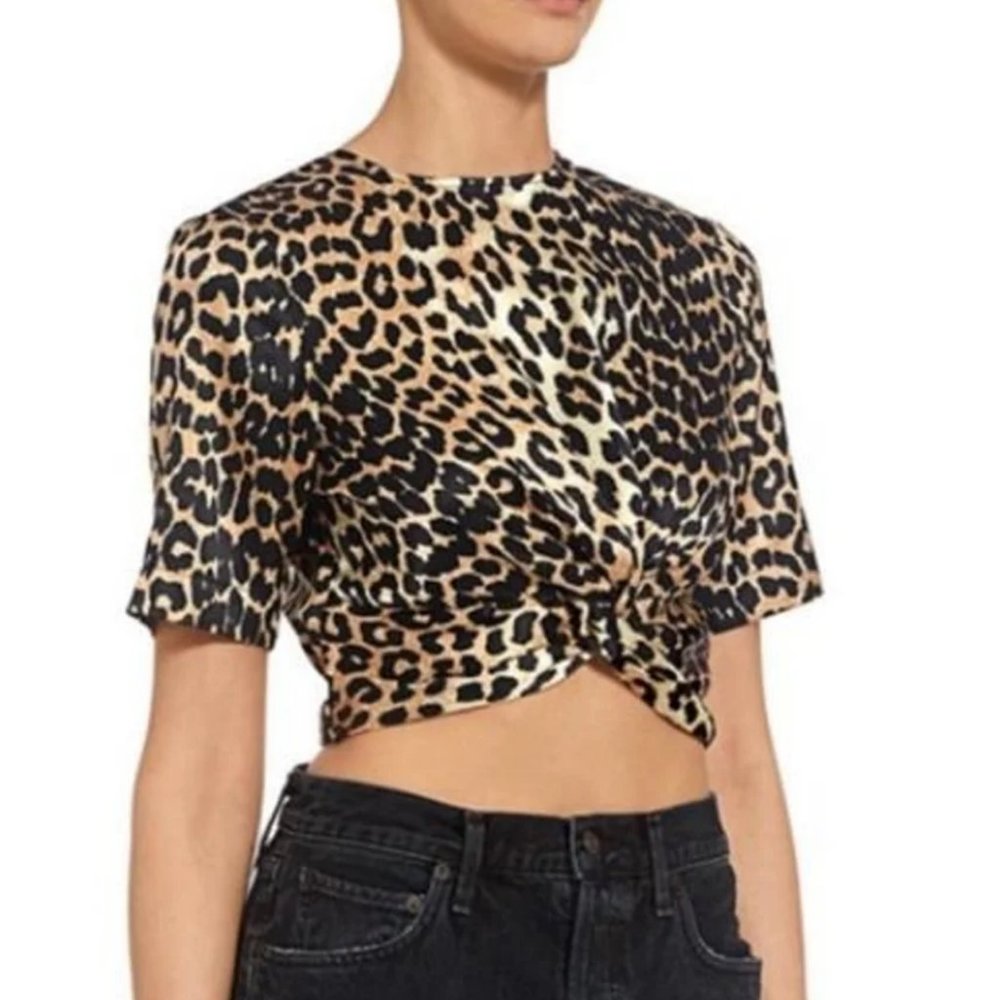 GANNI SILK LEOPARD SHORT-SLEEVE CROP TOP